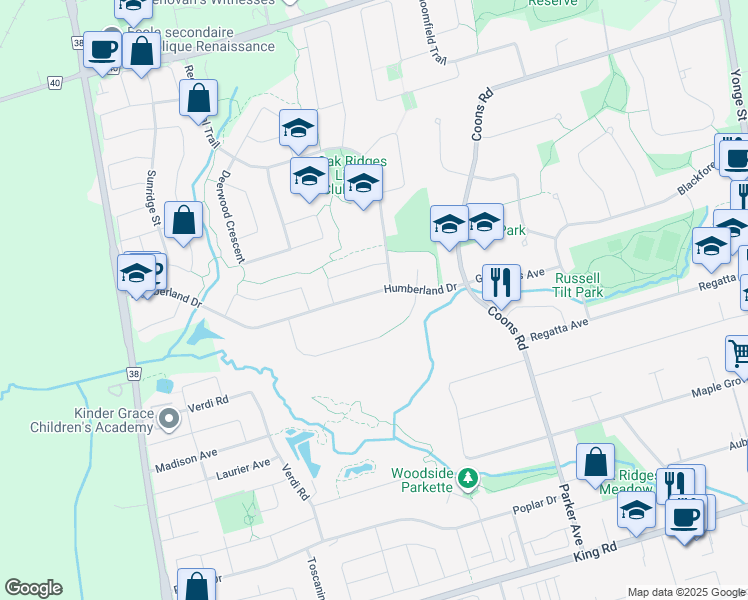 map of restaurants, bars, coffee shops, grocery stores, and more near 125 Humberland Drive in Richmond Hill