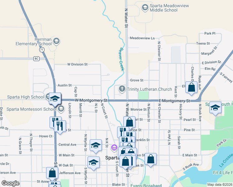 map of restaurants, bars, coffee shops, grocery stores, and more near 200 West Montgomery Street in Sparta