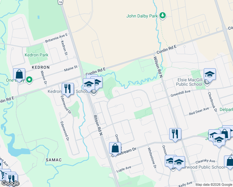 map of restaurants, bars, coffee shops, grocery stores, and more near 1904 Clearwater Court in Oshawa