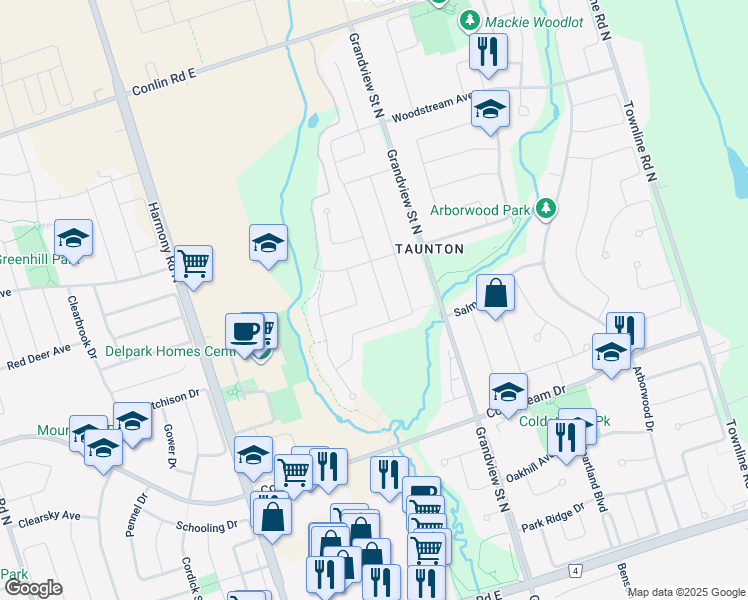 map of restaurants, bars, coffee shops, grocery stores, and more near 1688 Douglas Langtree Drive in Oshawa