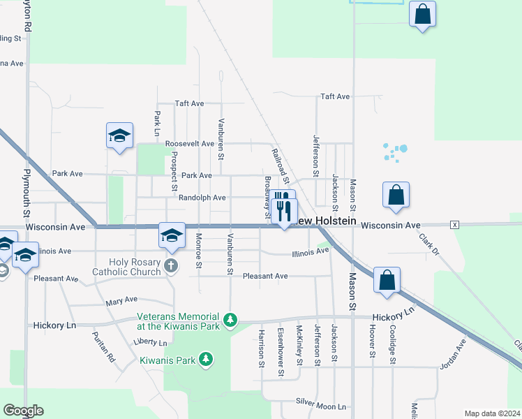 map of restaurants, bars, coffee shops, grocery stores, and more near 1716 Wisconsin Avenue in New Holstein