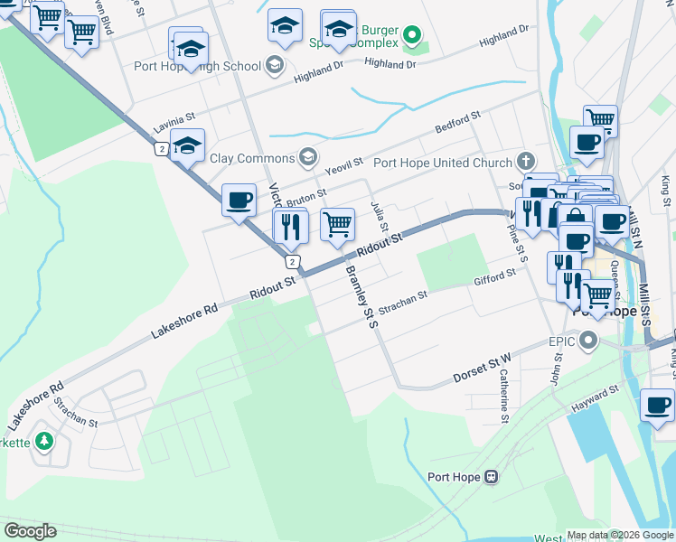 map of restaurants, bars, coffee shops, grocery stores, and more near 52 Sullivan Street in Port Hope