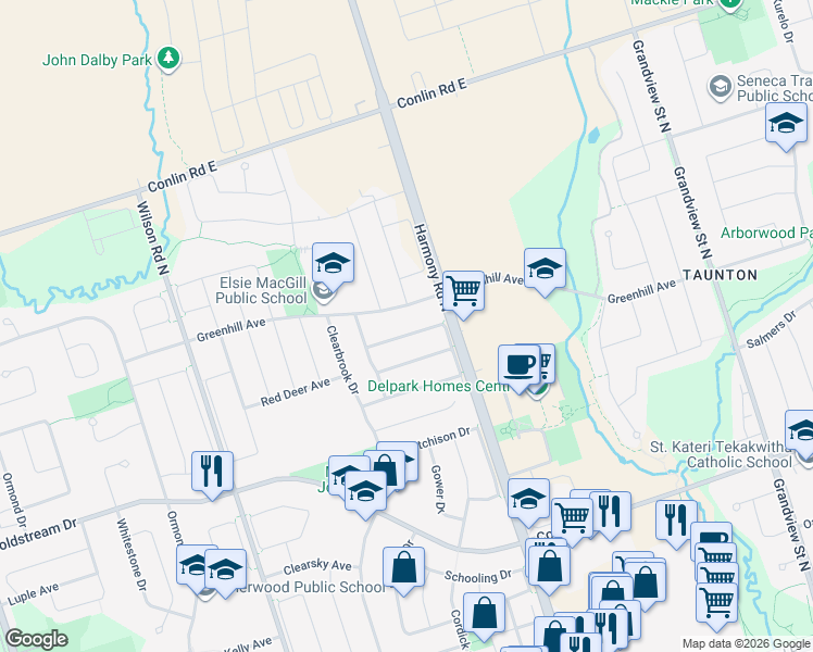 map of restaurants, bars, coffee shops, grocery stores, and more near 983 Wrenwood Drive in Oshawa