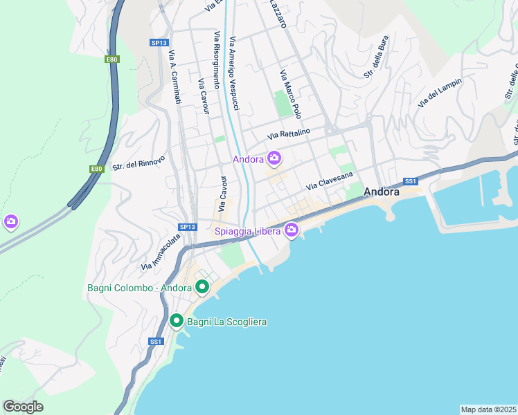 map of restaurants, bars, coffee shops, grocery stores, and more near 200 Via Aurelia in Andora