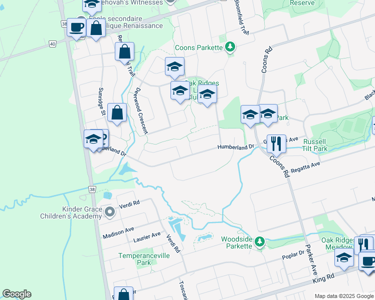 map of restaurants, bars, coffee shops, grocery stores, and more near 52 Wildflower Drive in Richmond Hill