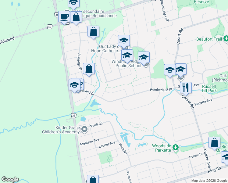 map of restaurants, bars, coffee shops, grocery stores, and more near 46 Woodhaven Crescent in Richmond Hill