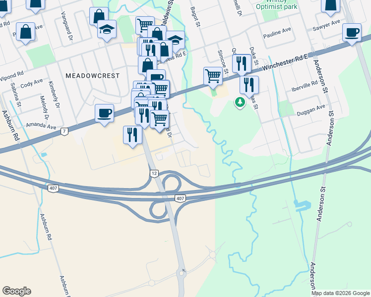 map of restaurants, bars, coffee shops, grocery stores, and more near 20 Observatory Way in Whitby