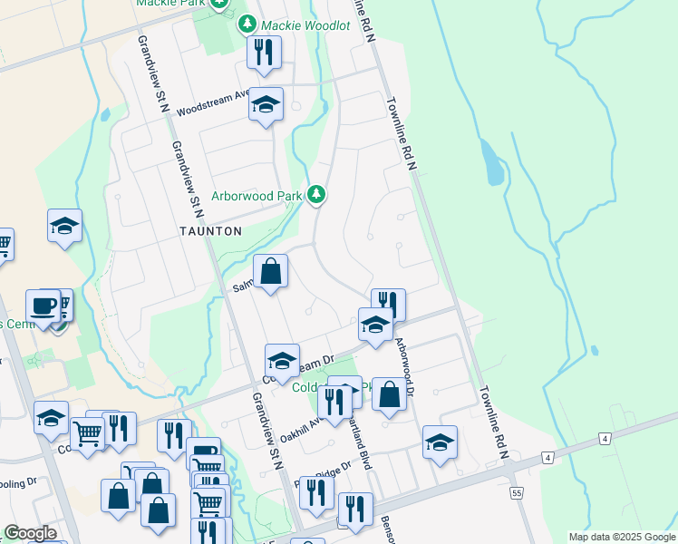 map of restaurants, bars, coffee shops, grocery stores, and more near 1665 Ballantrae Drive in Oshawa