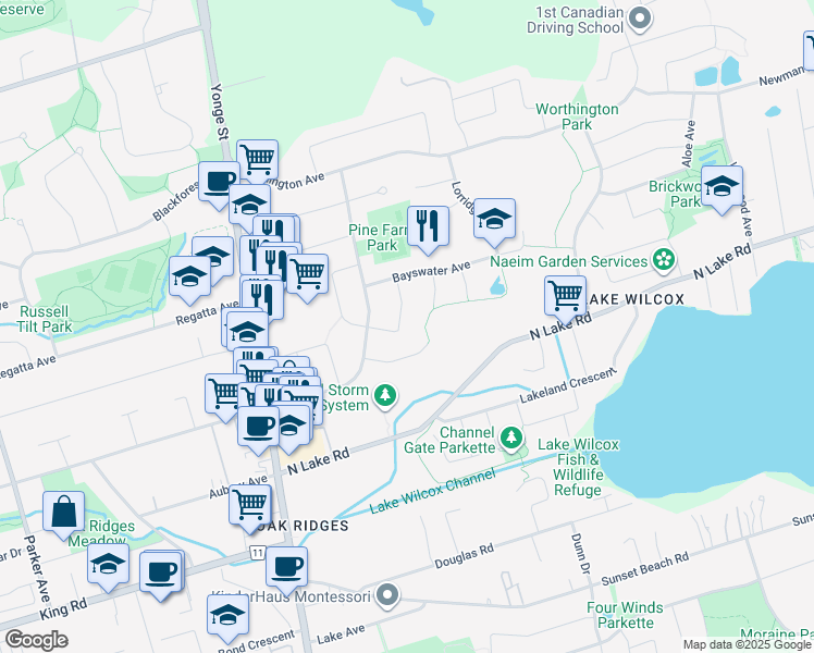 map of restaurants, bars, coffee shops, grocery stores, and more near 15 Marylebone Crescent in Richmond Hill
