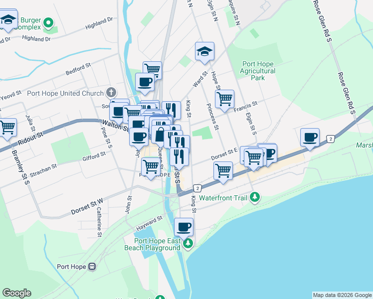 map of restaurants, bars, coffee shops, grocery stores, and more near 32 King Street in Port Hope