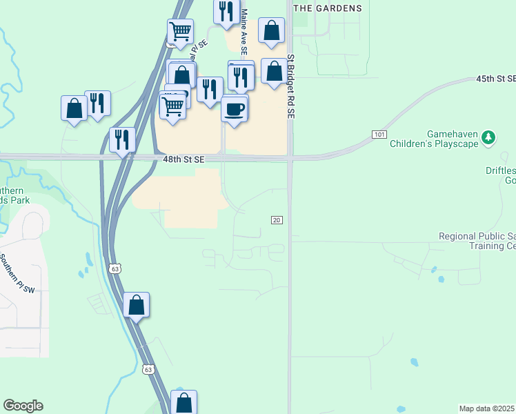 map of restaurants, bars, coffee shops, grocery stores, and more near 4840 Maine Avenue Southeast in Rochester