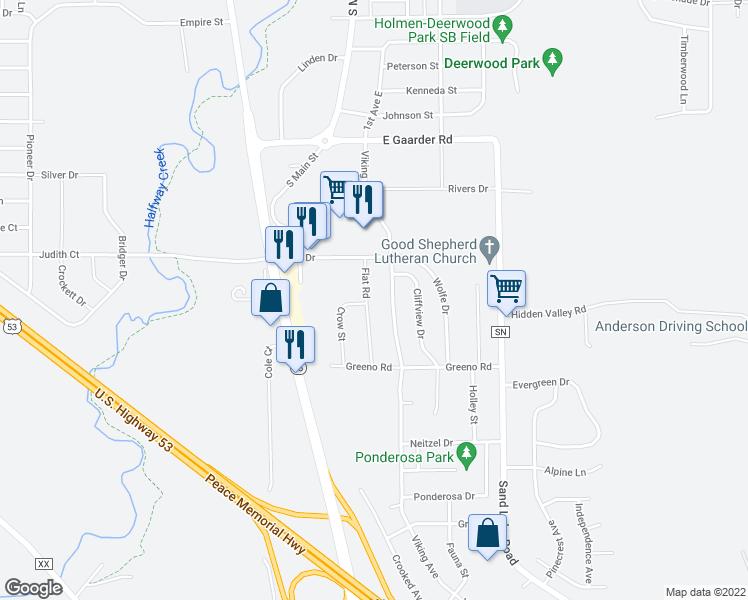 map of restaurants, bars, coffee shops, grocery stores, and more near 1513 Flat Road in Holmen