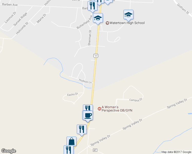 map of restaurants, bars, coffee shops, grocery stores, and more near 1629 Route 11 in Watertown