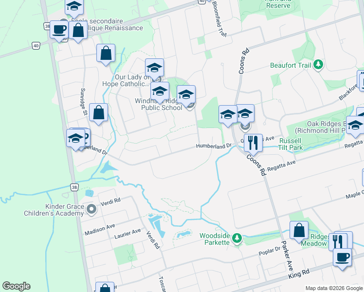 map of restaurants, bars, coffee shops, grocery stores, and more near 134 Humberland Drive in Richmond Hill