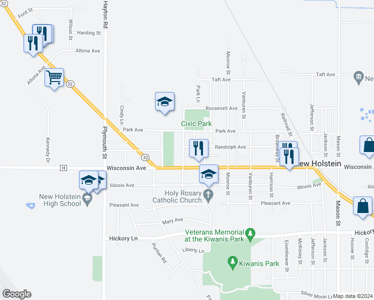 map of restaurants, bars, coffee shops, grocery stores, and more near 2129 Randolph Avenue in New Holstein