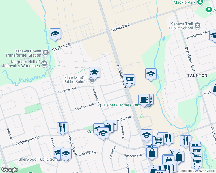 map of restaurants, bars, coffee shops, grocery stores, and more near 905 Greenhill Avenue in Oshawa