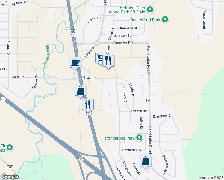 map of restaurants, bars, coffee shops, grocery stores, and more near 1513 Flat Road in Holmen