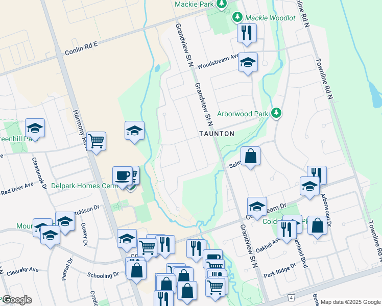 map of restaurants, bars, coffee shops, grocery stores, and more near 1688 Douglas Langtree Drive in Oshawa