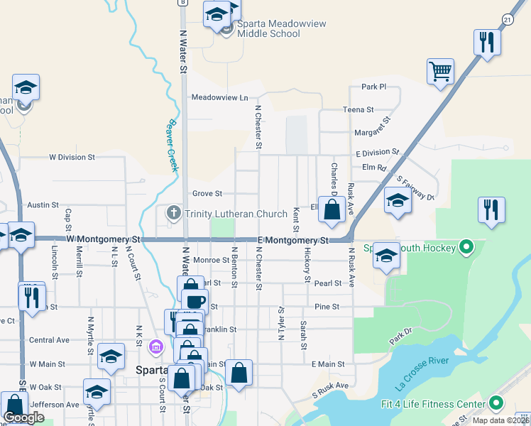 map of restaurants, bars, coffee shops, grocery stores, and more near 712 Wellington Street in Sparta