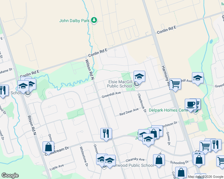 map of restaurants, bars, coffee shops, grocery stores, and more near 1608 Rockaway Street in Oshawa