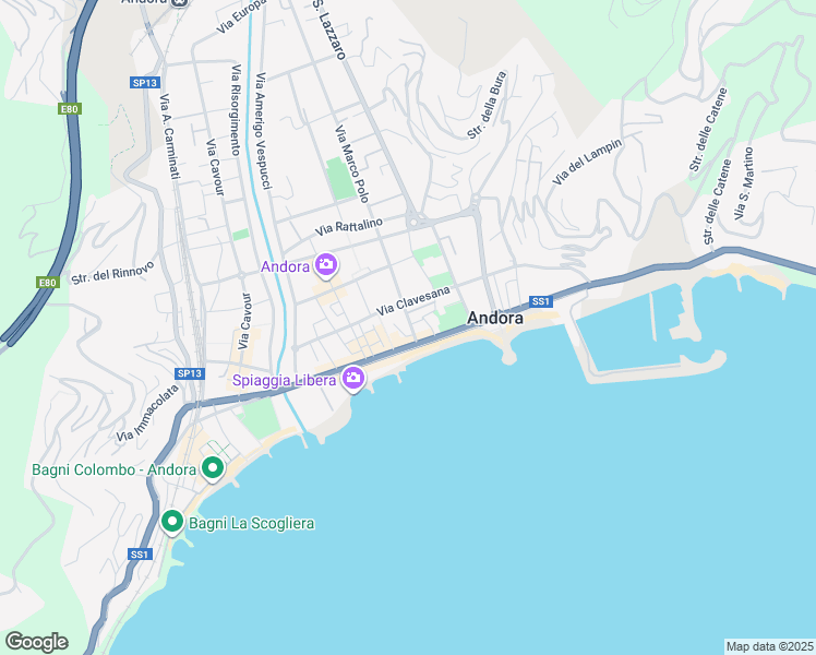 map of restaurants, bars, coffee shops, grocery stores, and more near 10 Via Marco Polo in Marina di Andora