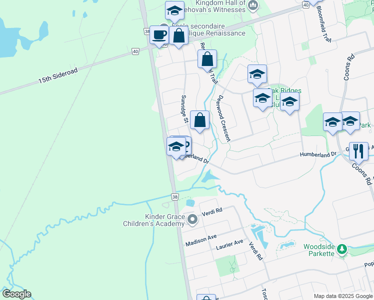 map of restaurants, bars, coffee shops, grocery stores, and more near 6 Sunridge Street in Richmond Hill