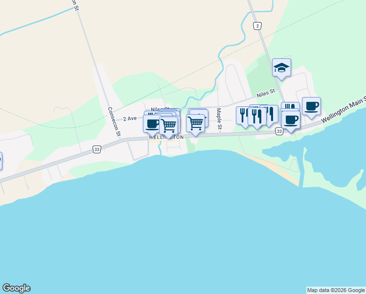map of restaurants, bars, coffee shops, grocery stores, and more near 23 East Street in Prince Edward County