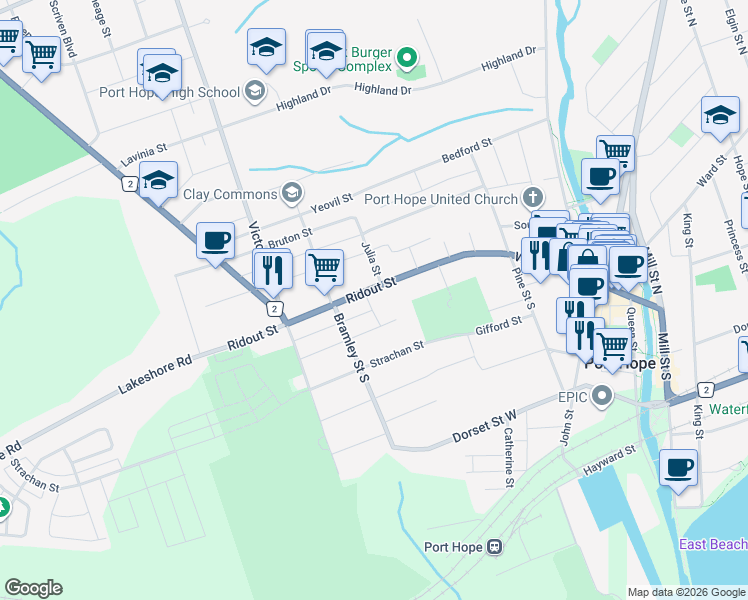 map of restaurants, bars, coffee shops, grocery stores, and more near 5 Little Hope Street in Port Hope