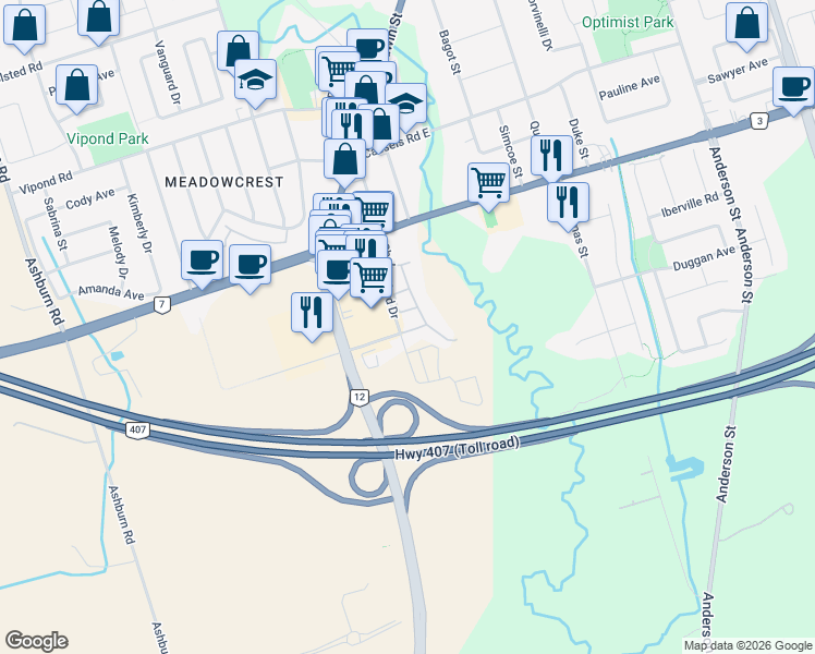 map of restaurants, bars, coffee shops, grocery stores, and more near 2 Telstar Way in Whitby