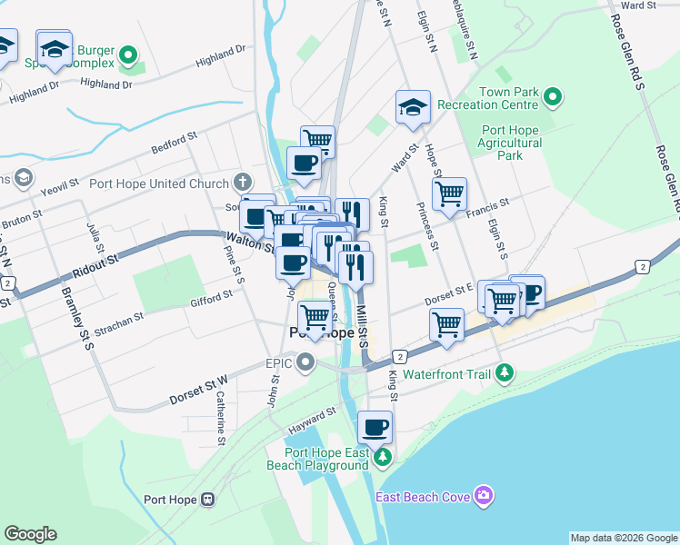 map of restaurants, bars, coffee shops, grocery stores, and more near 18 Walton Street in Port Hope