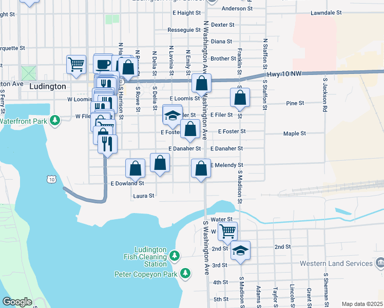 map of restaurants, bars, coffee shops, grocery stores, and more near 602 East Danaher Street in Ludington