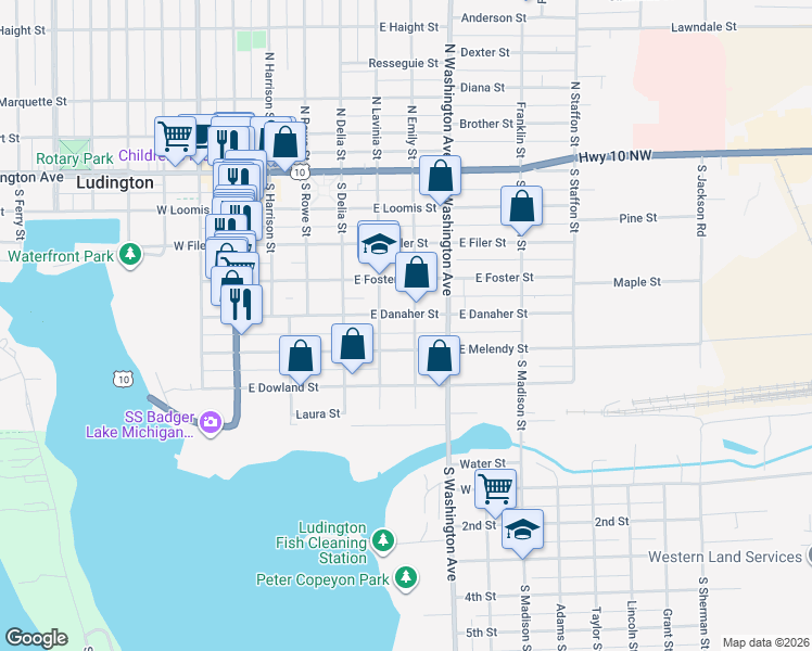 map of restaurants, bars, coffee shops, grocery stores, and more near 602 East Danaher Street in Ludington