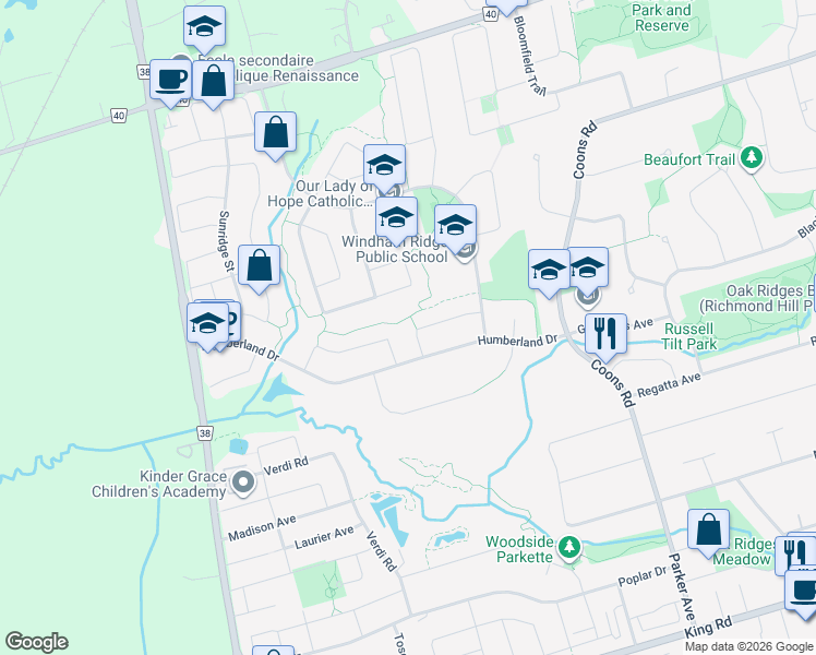 map of restaurants, bars, coffee shops, grocery stores, and more near 40 Wildflower Drive in Richmond Hill