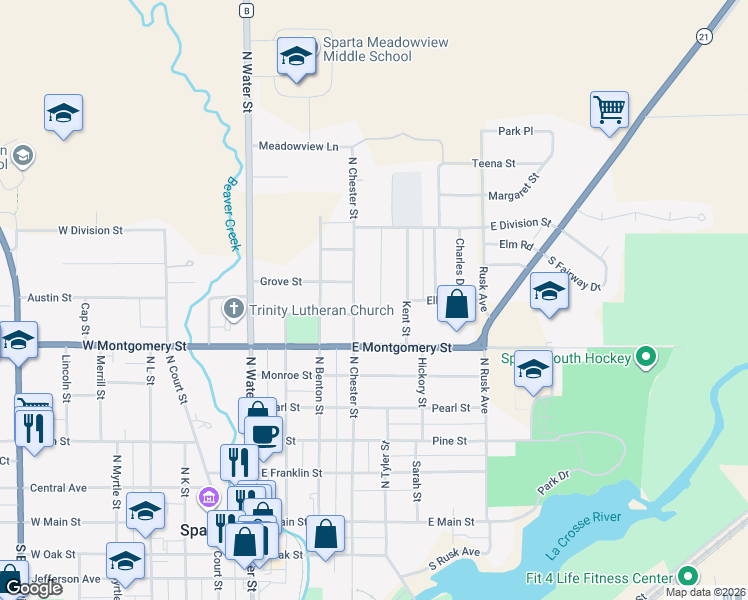 map of restaurants, bars, coffee shops, grocery stores, and more near 712 Wellington Street in Sparta