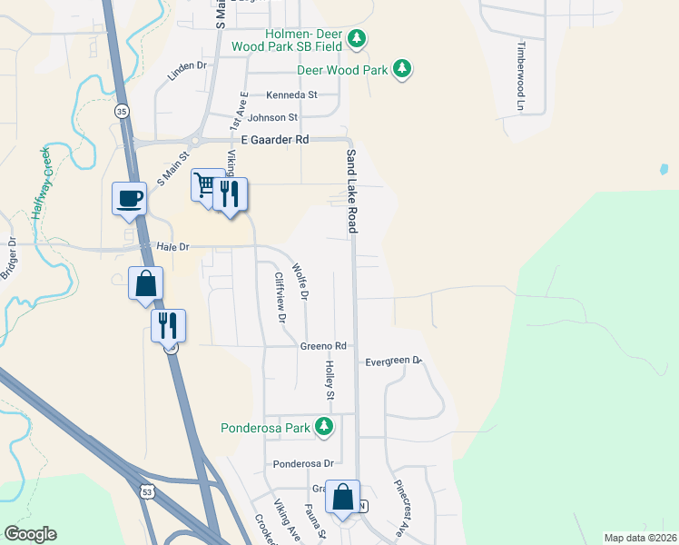 map of restaurants, bars, coffee shops, grocery stores, and more near 1507 Holley Street in Holmen