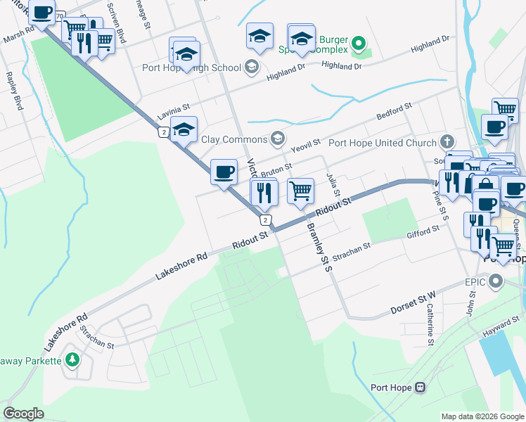 map of restaurants, bars, coffee shops, grocery stores, and more near in Port Hope