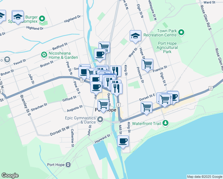map of restaurants, bars, coffee shops, grocery stores, and more near 18 Walton Street in Port Hope