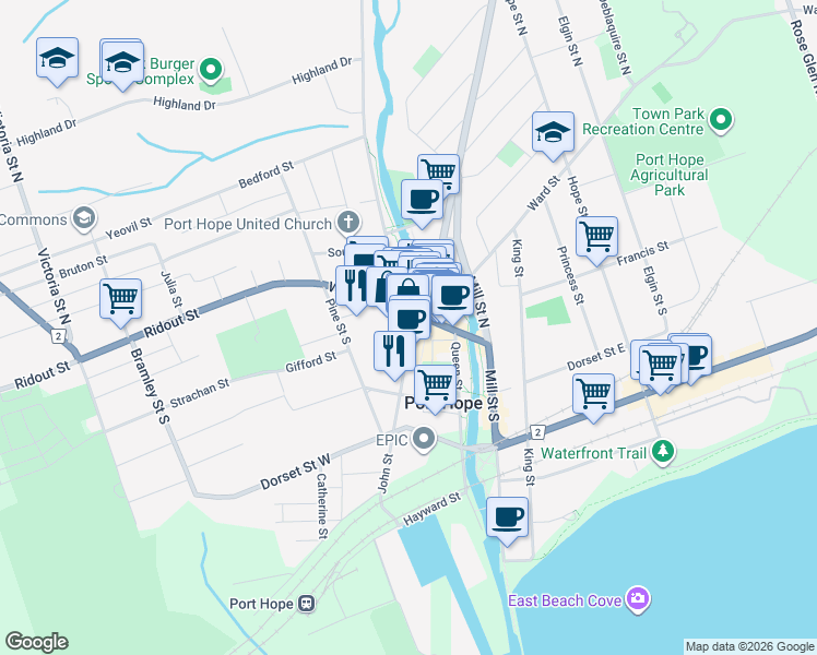 map of restaurants, bars, coffee shops, grocery stores, and more near 113 Walton Street in Port Hope