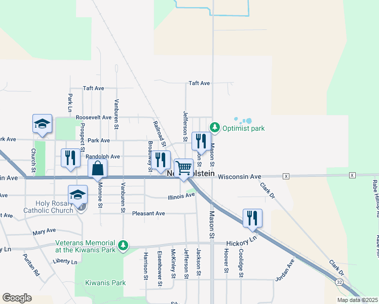 map of restaurants, bars, coffee shops, grocery stores, and more near 2036 Jefferson Street in New Holstein