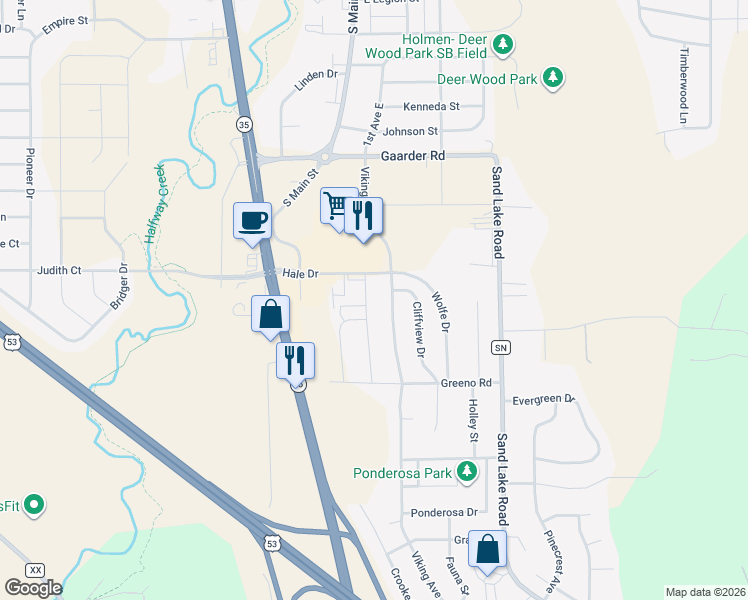 map of restaurants, bars, coffee shops, grocery stores, and more near 1513 Flat Road in Holmen