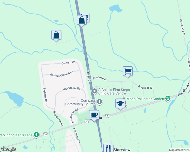 map of restaurants, bars, coffee shops, grocery stores, and more near 52 Riverside Drive in Orangeville