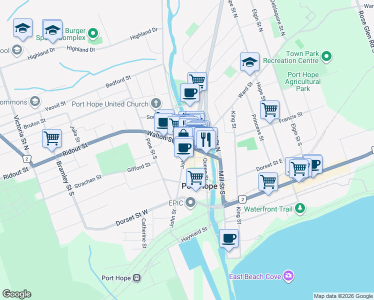 map of restaurants, bars, coffee shops, grocery stores, and more near 81 Walton Street in Port Hope