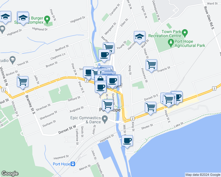 map of restaurants, bars, coffee shops, grocery stores, and more near in Port Hope