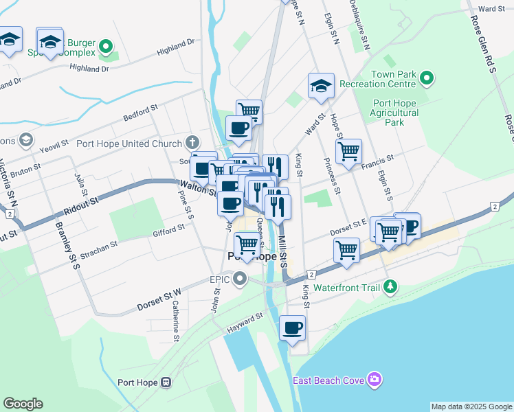 map of restaurants, bars, coffee shops, grocery stores, and more near 38 Walton Street in Port Hope