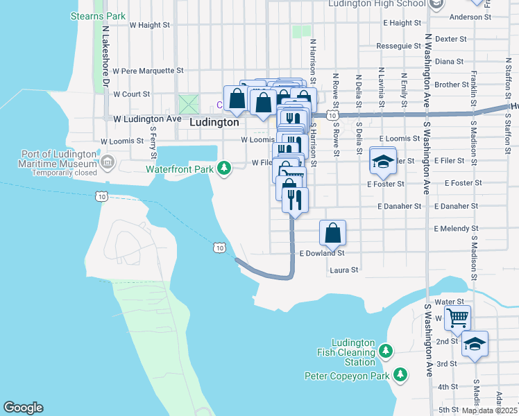 map of restaurants, bars, coffee shops, grocery stores, and more near 400 South Rath Avenue in Ludington