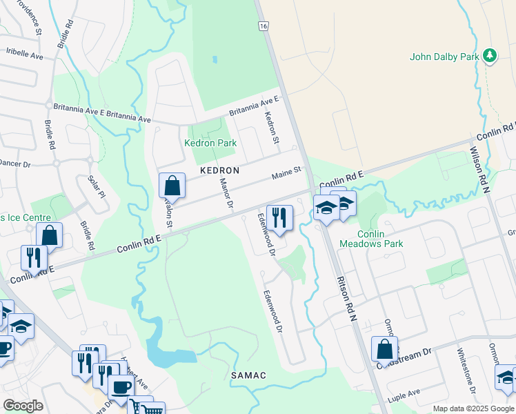 map of restaurants, bars, coffee shops, grocery stores, and more near Edenwood Drive in Oshawa