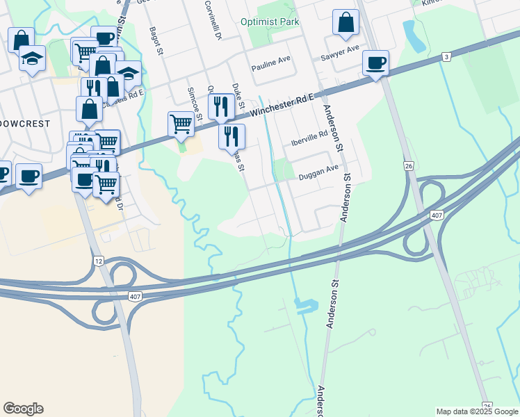 map of restaurants, bars, coffee shops, grocery stores, and more near 85 Saint Thomas Street in Whitby