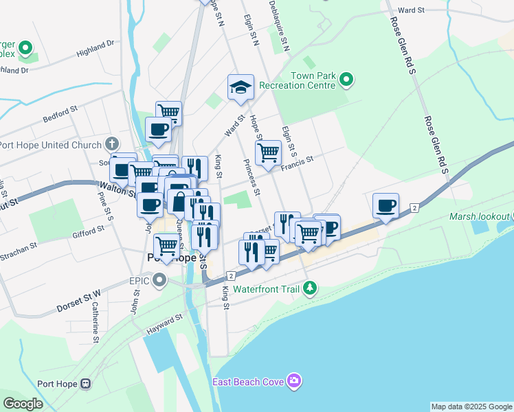 map of restaurants, bars, coffee shops, grocery stores, and more near 78 Princess Street in Port Hope