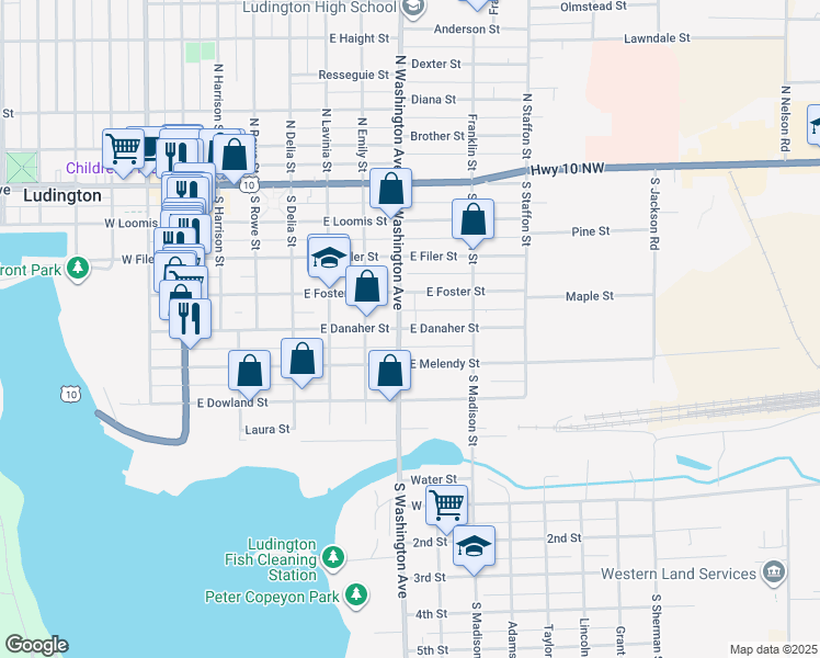 map of restaurants, bars, coffee shops, grocery stores, and more near 714 East Danaher Street in Ludington