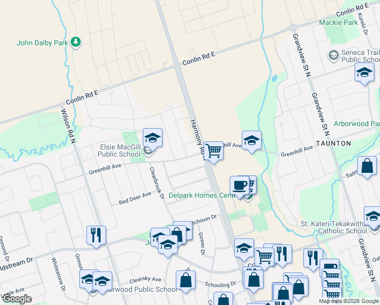 map of restaurants, bars, coffee shops, grocery stores, and more near 1807 Fosterbrook Street in Oshawa